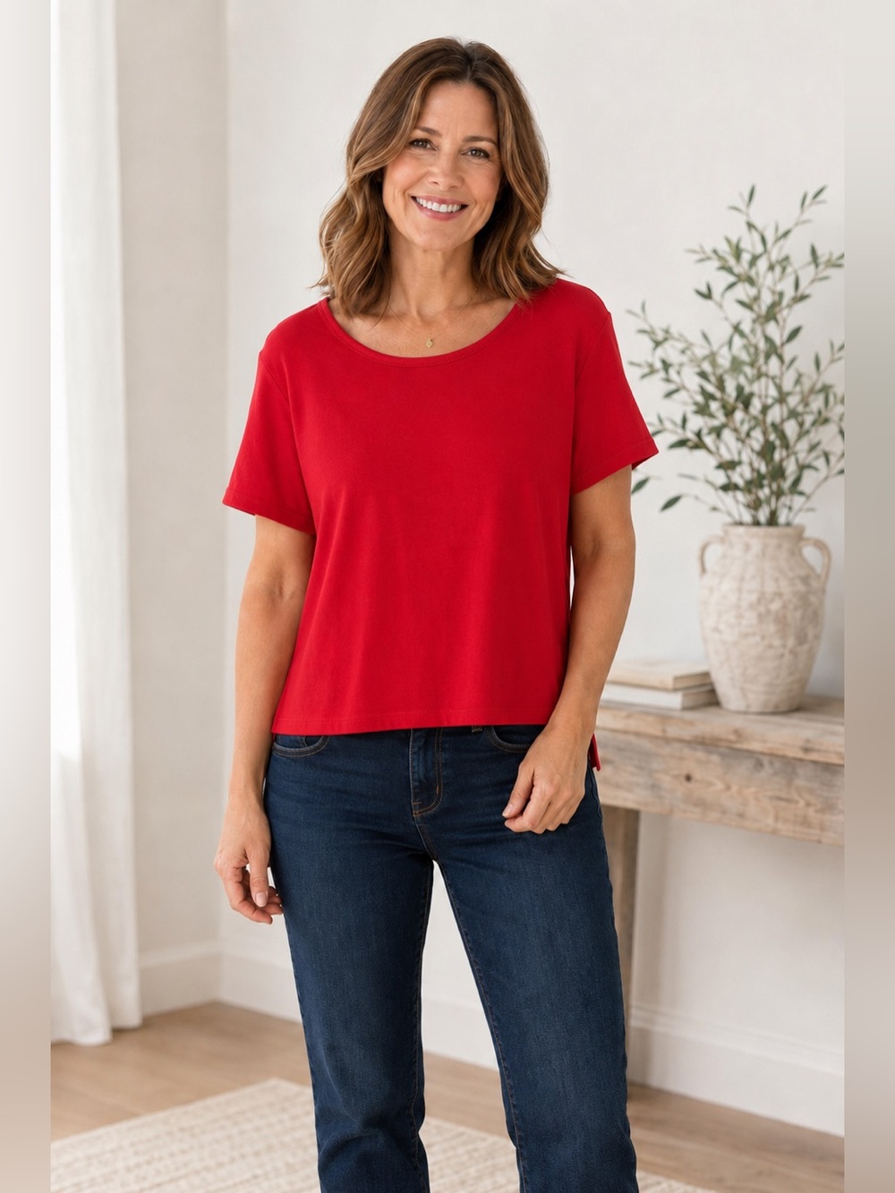 Vintage Y2K Mountain Lake Red Cotton Side-Slit Top Petite Medium